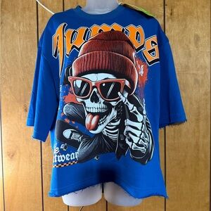 Vibrant Blue and Orange Short Sleeve Tees with Graphic Designs